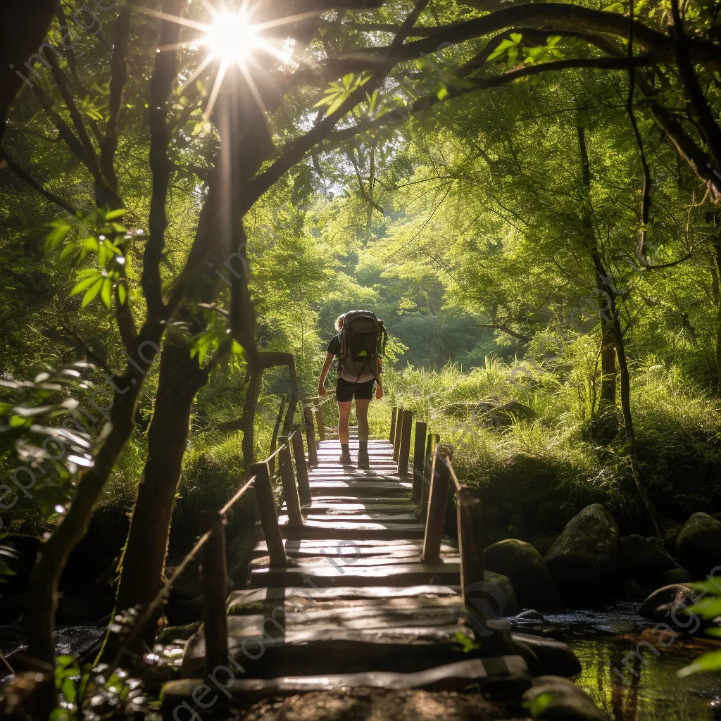 A backpacker crossing a wooden bridge over a stream - Image 2