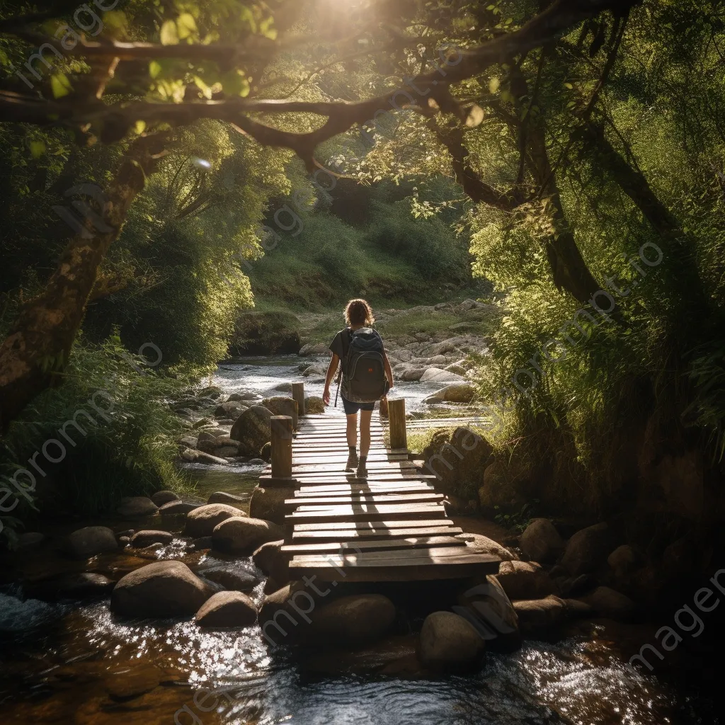 A backpacker crossing a wooden bridge over a stream - Image 4