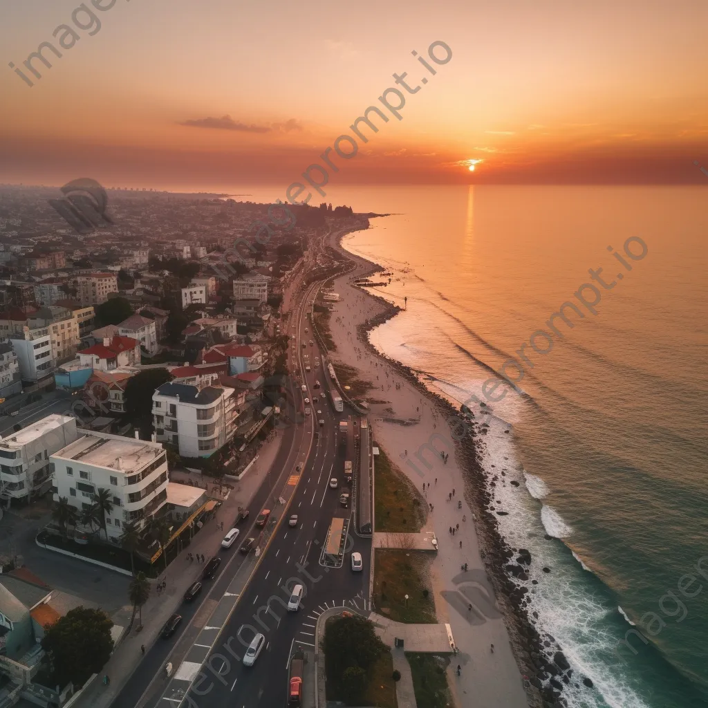 Aerial view of a coastal city at sunset with vibrant architecture - Image 2