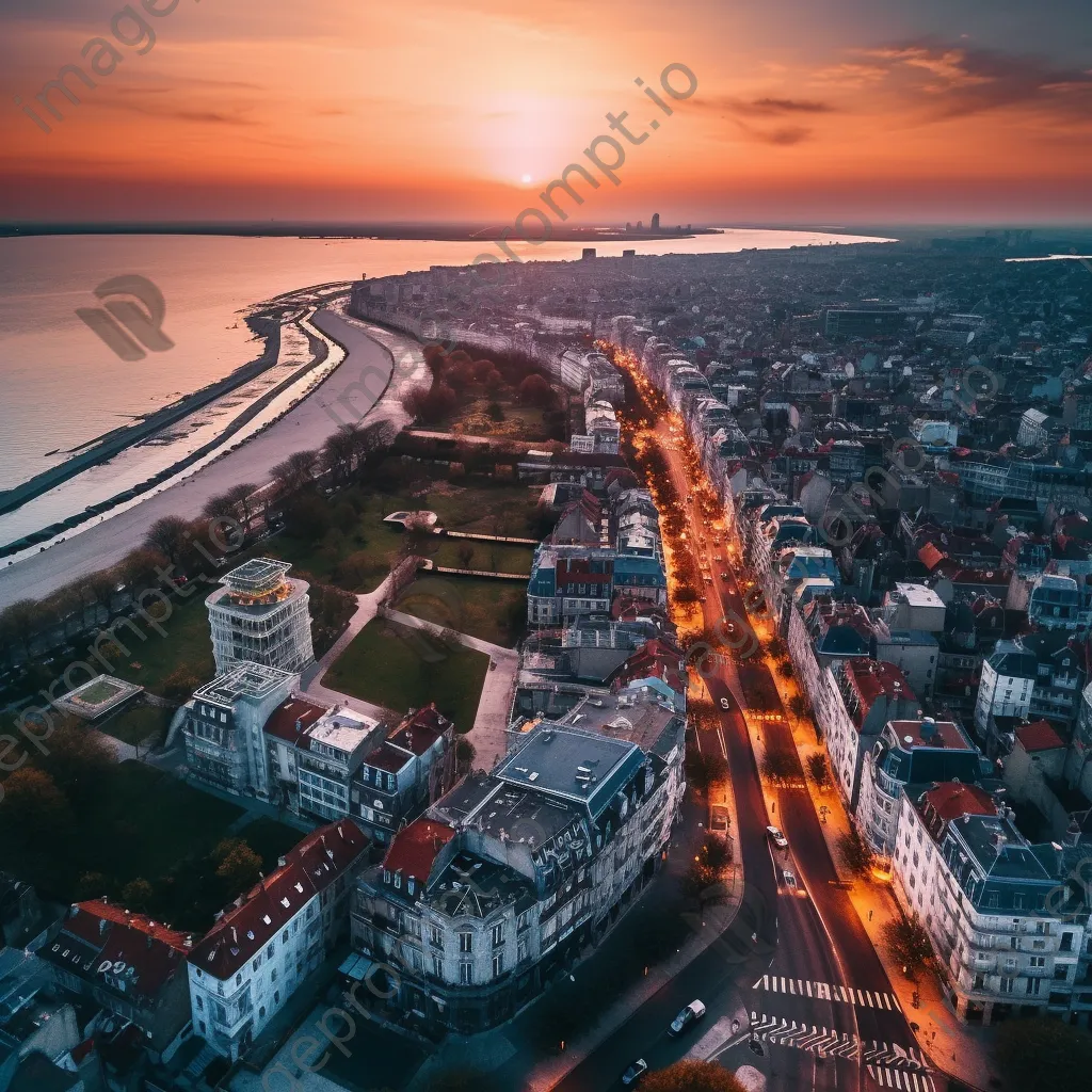 Aerial view of a coastal city at sunset with vibrant architecture - Image 3