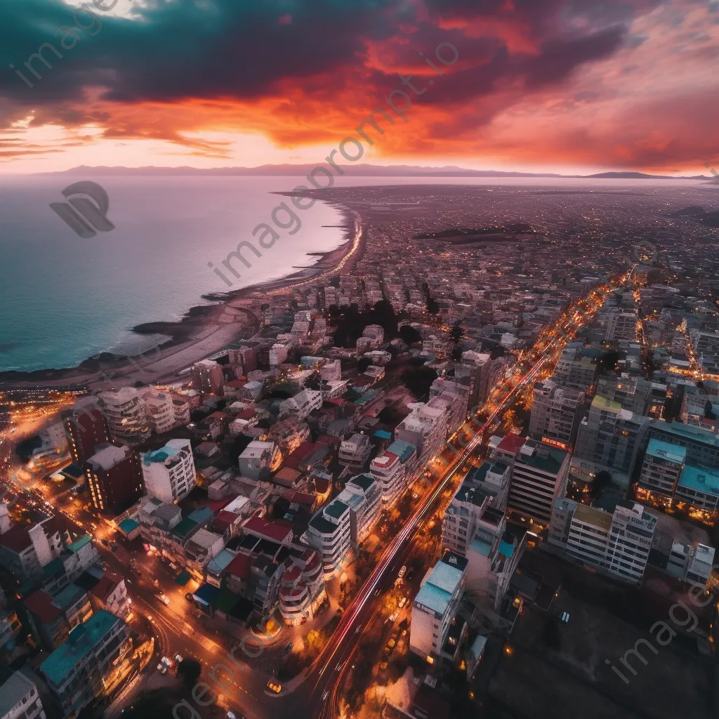 Aerial view of a coastal city at sunset with vibrant architecture - Image 4