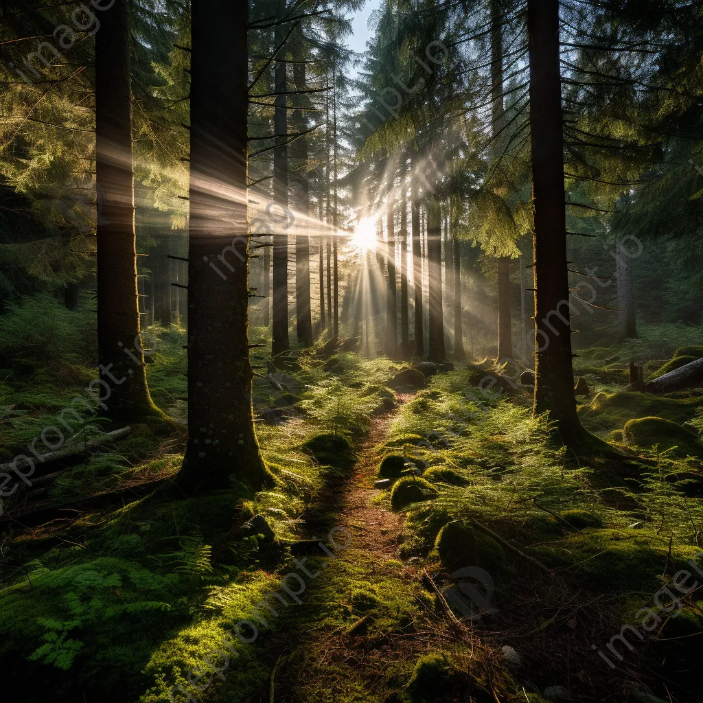 Sunlight streaming through pine trees in a mountain forest - Image 1