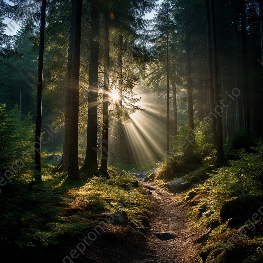 Sunlight streaming through pine trees in a mountain forest - Image 2