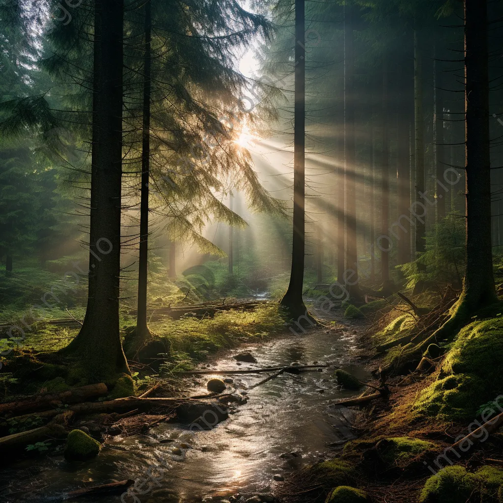 Sunlight streaming through pine trees in a mountain forest - Image 3