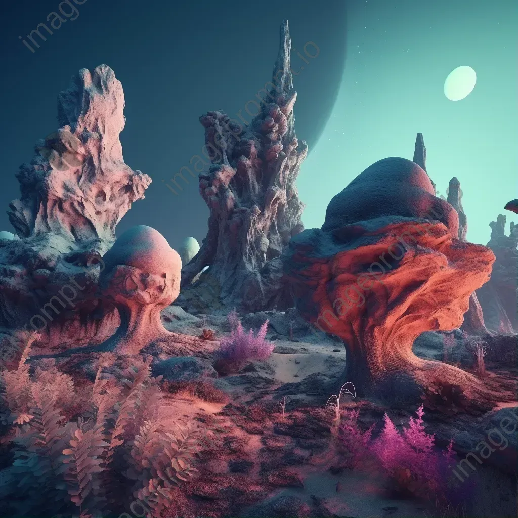 Surreal alien landscape with strange rock formations and glowing plants - Image 1