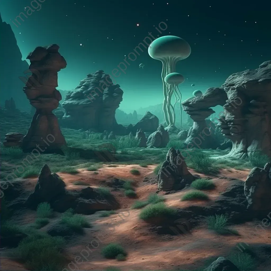 Surreal alien landscape with strange rock formations and glowing plants - Image 2