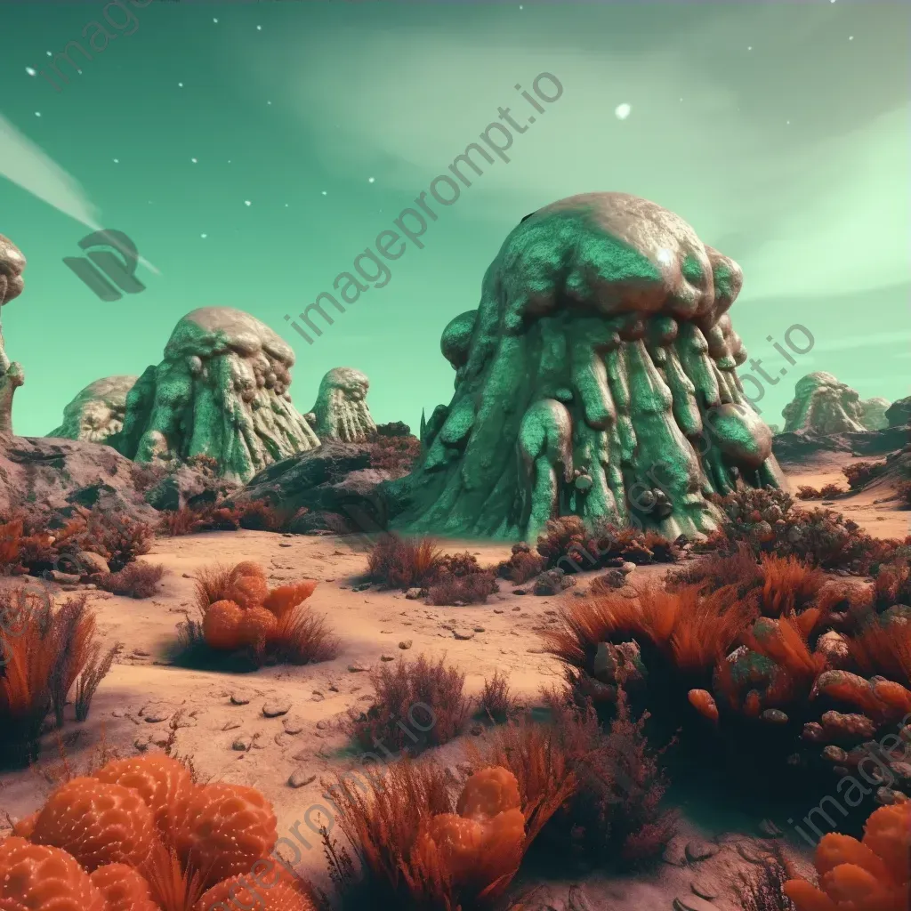 Surreal alien landscape with strange rock formations and glowing plants - Image 3