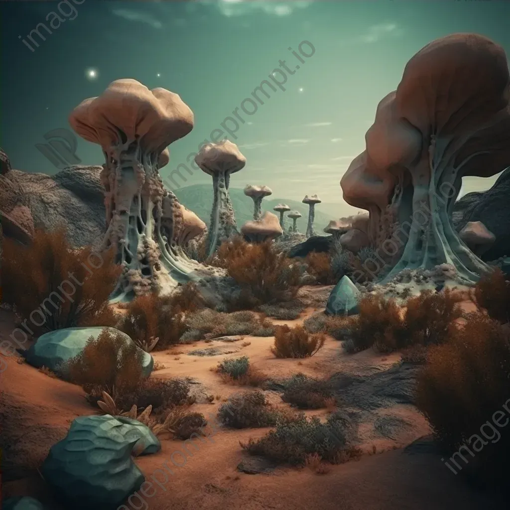 Surreal alien landscape with strange rock formations and glowing plants - Image 4