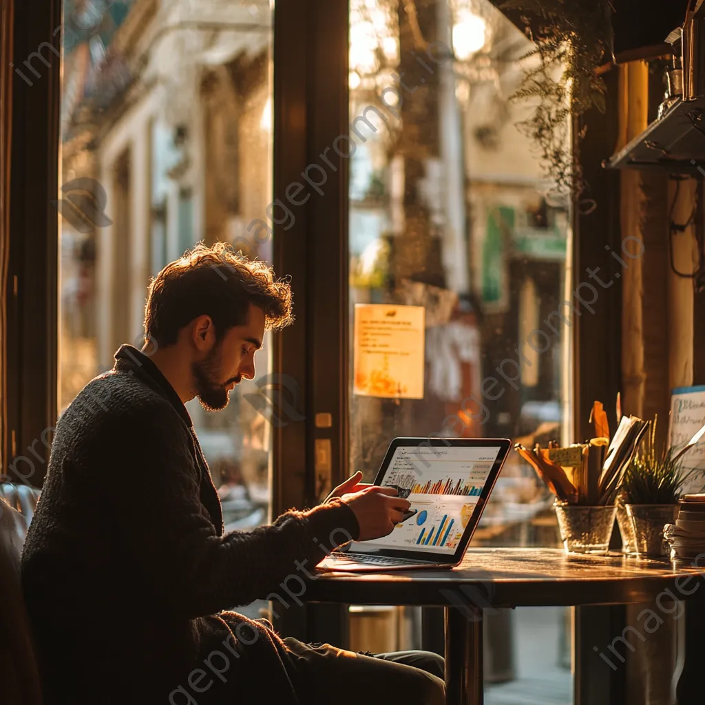 Young professional using a tablet for cryptocurrency transaction in a café - Image 1