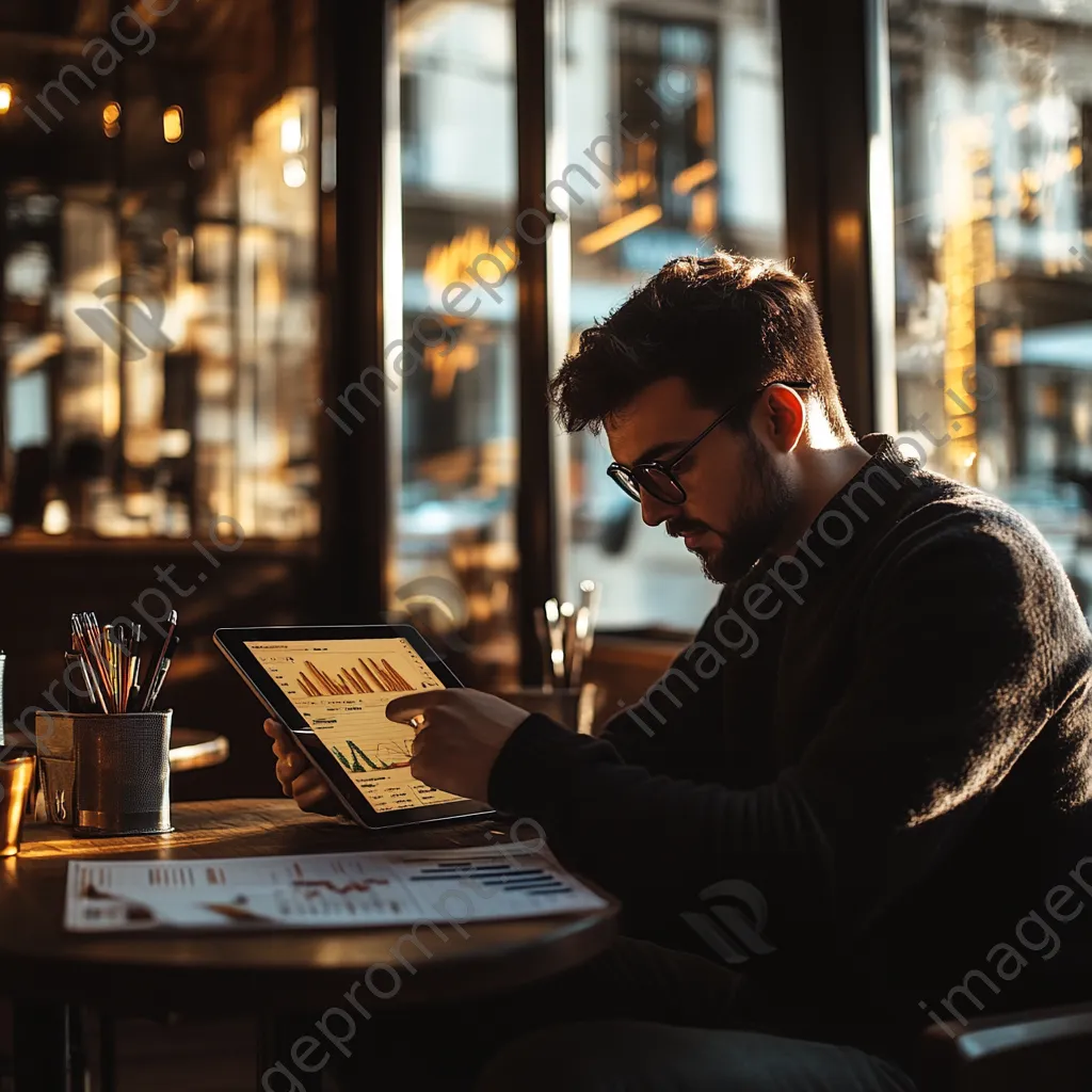 Young professional using a tablet for cryptocurrency transaction in a café - Image 2