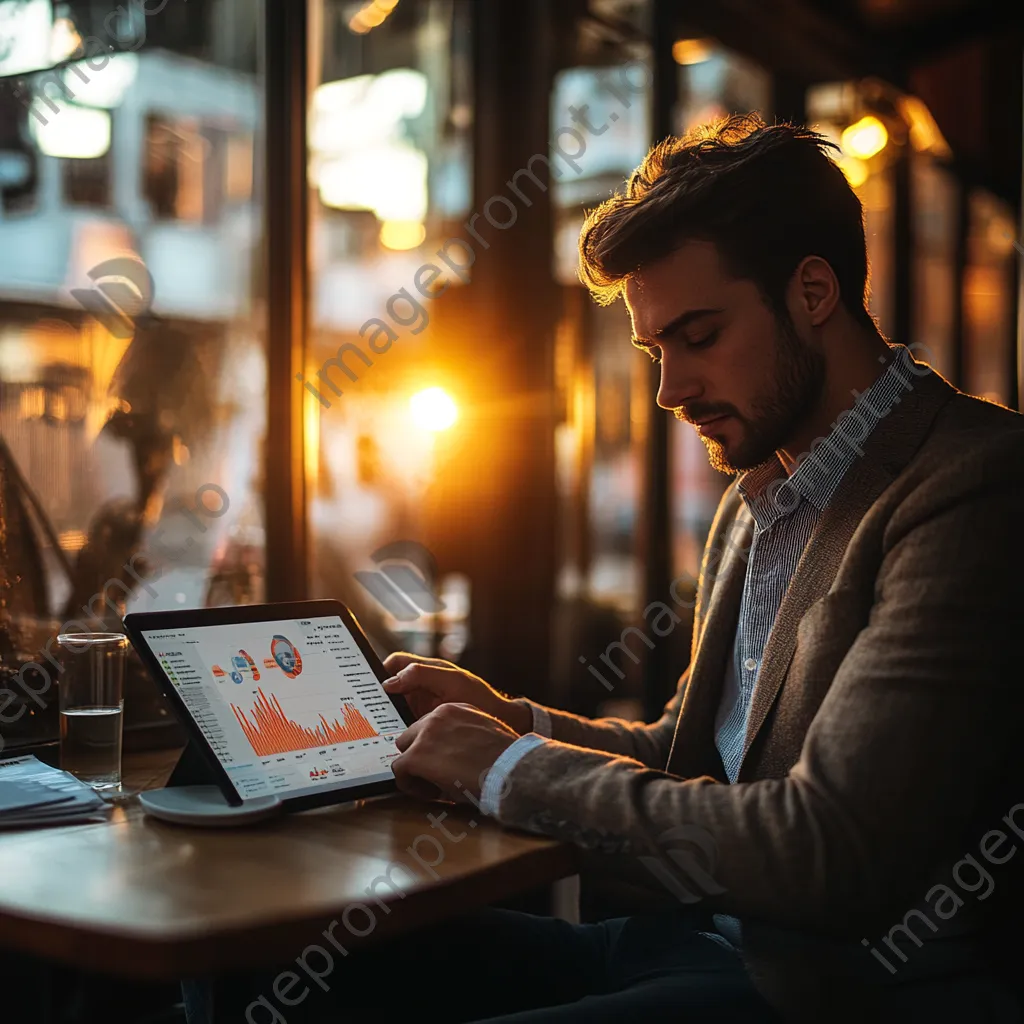 Young professional using a tablet for cryptocurrency transaction in a café - Image 3