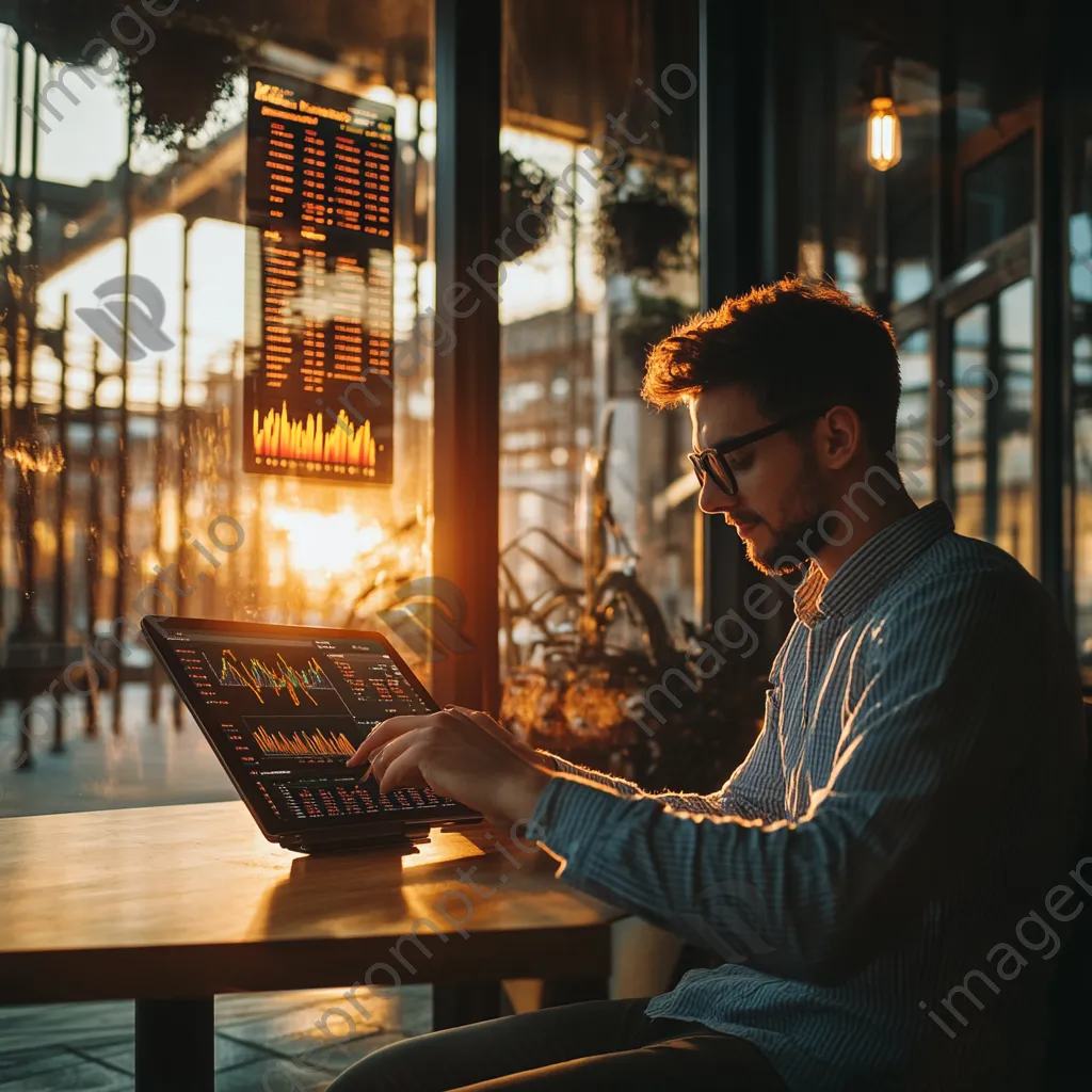 Young professional using a tablet for cryptocurrency transaction in a café - Image 4