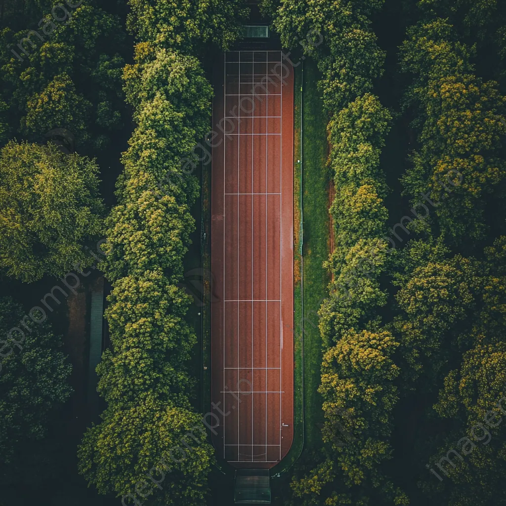 Aerial view of a quiet running track surrounded by trees - Image 3