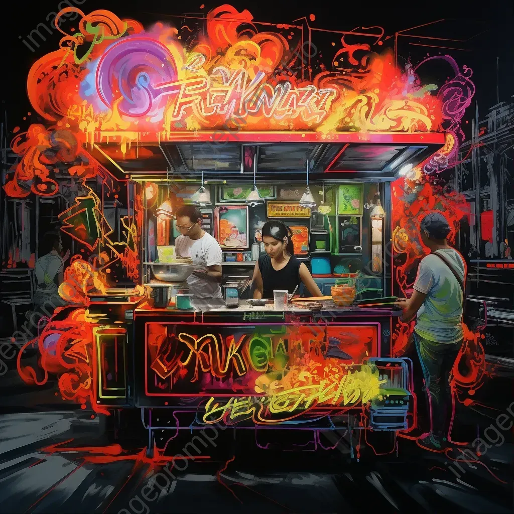 Graffiti-style painting of a street food vendor in Bangkok - Image 1