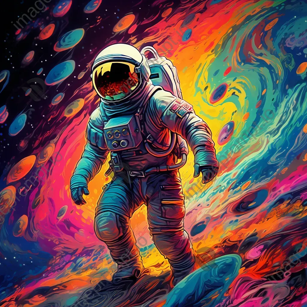 Pop art depiction of a lost astronaut drifting in a vibrant psychedelic nebula - Image 1