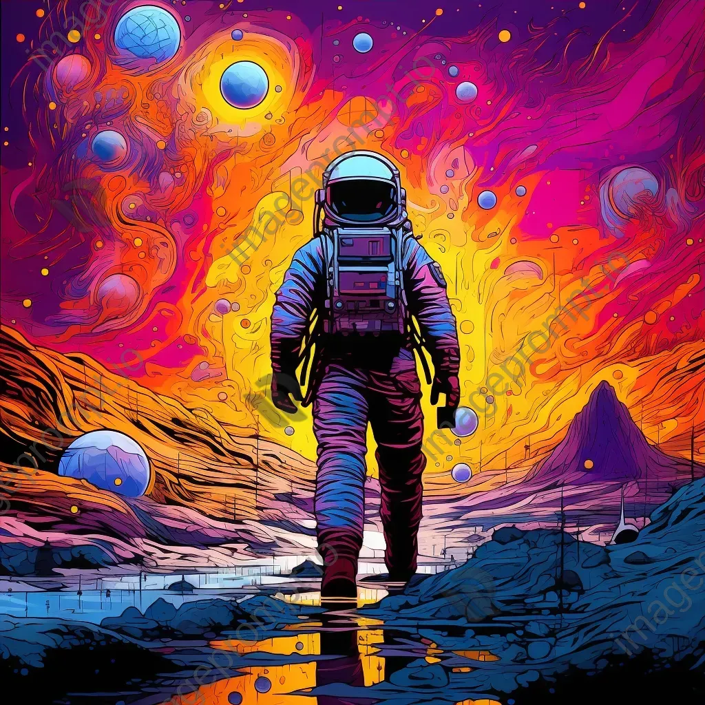 Pop art depiction of a lost astronaut drifting in a vibrant psychedelic nebula - Image 3