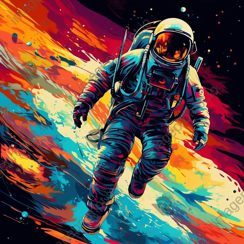 Pop art depiction of a lost astronaut drifting in a vibrant psychedelic nebula - Image 4