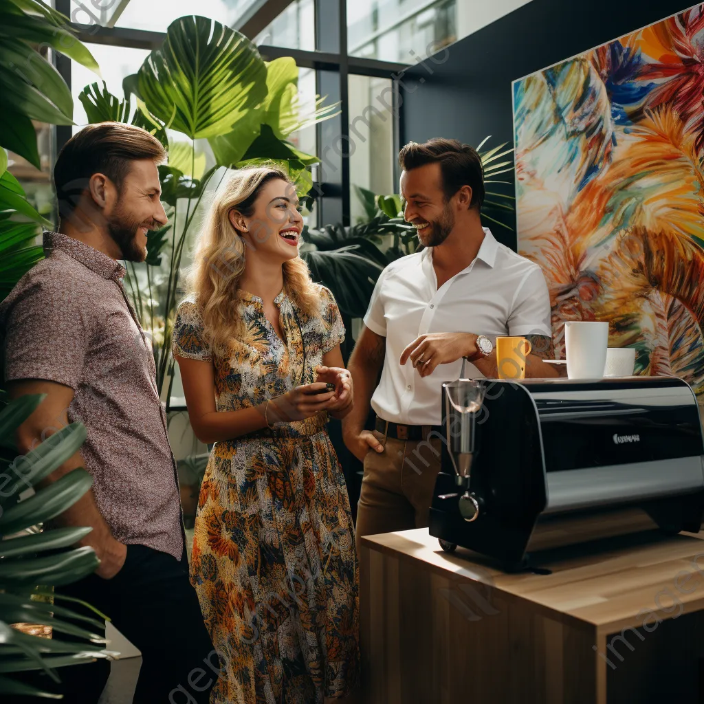 Colleagues gathering around a coffee cart in an amiable office environment - Image 1