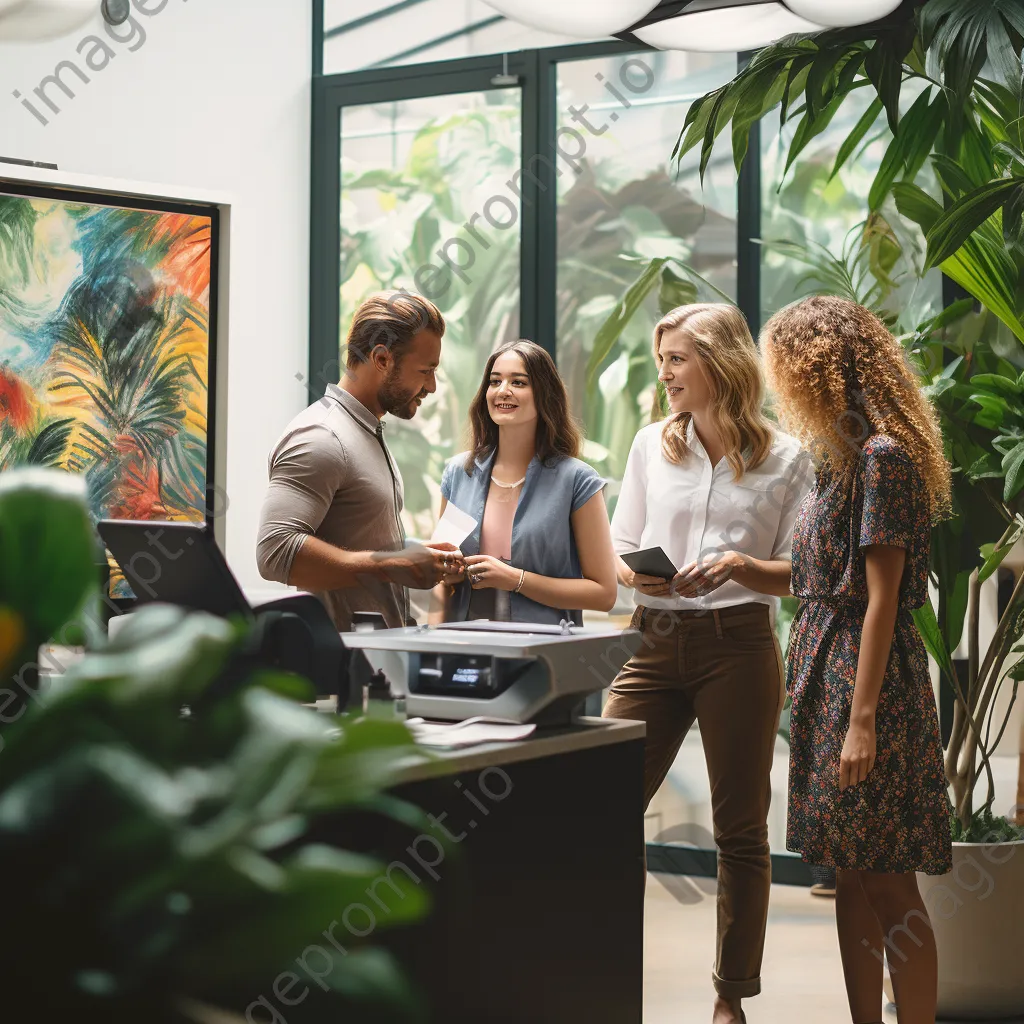 Colleagues gathering around a coffee cart in an amiable office environment - Image 4