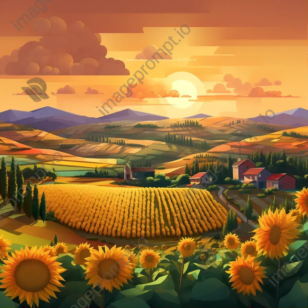 Isometric view of a low poly countryside with sunflower fields at sunset - Image 1