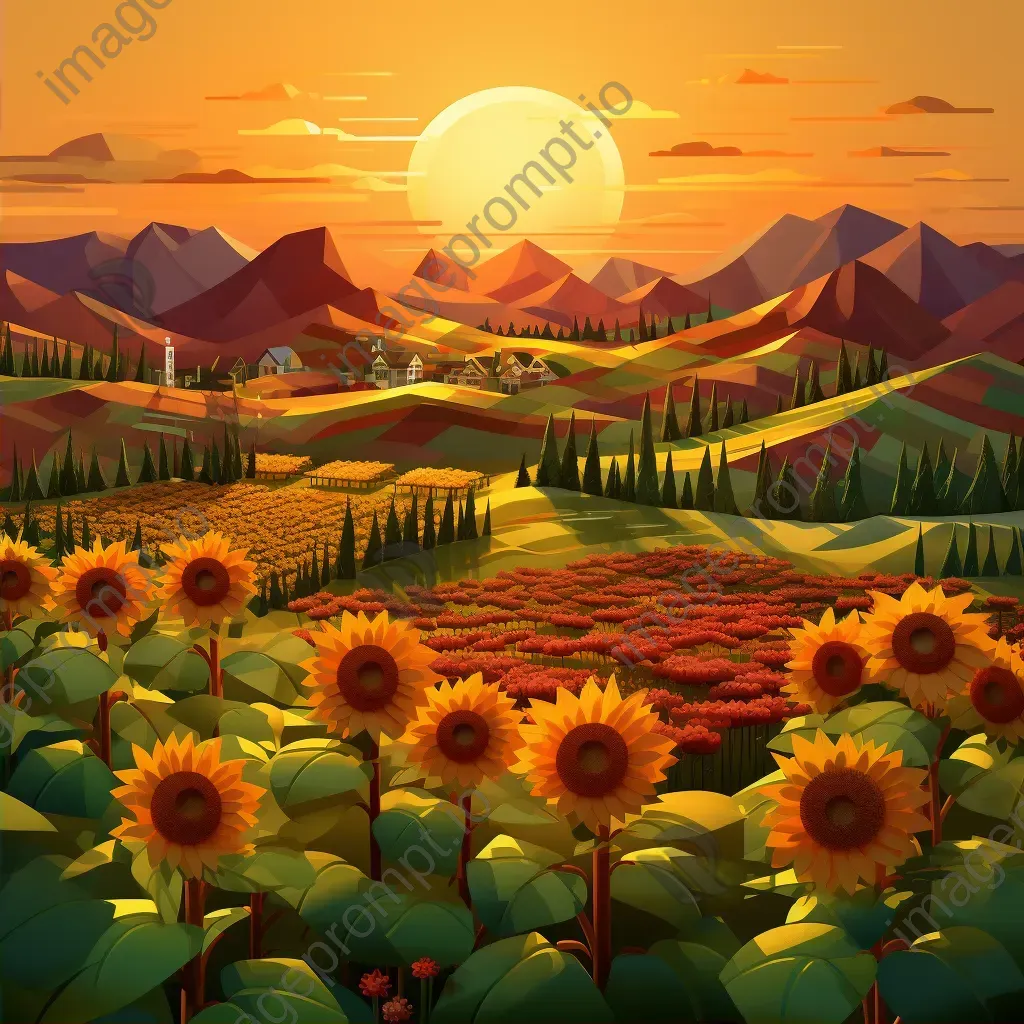 Isometric view of a low poly countryside with sunflower fields at sunset - Image 2