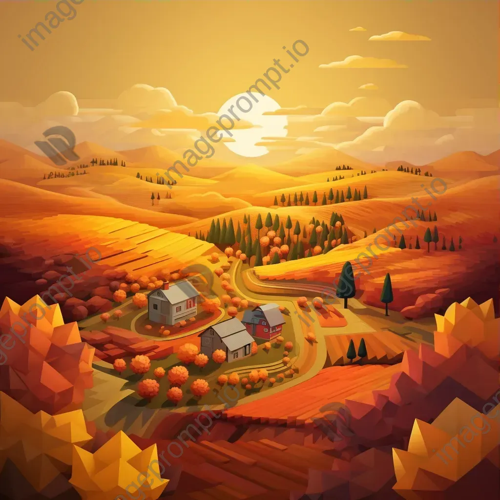 Isometric view of a low poly countryside with sunflower fields at sunset - Image 3