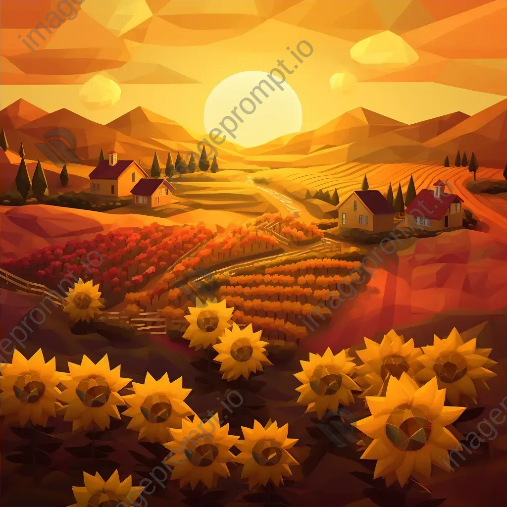 Isometric view of a low poly countryside with sunflower fields at sunset - Image 4