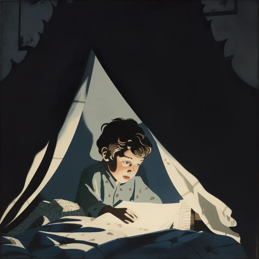 Artistic depiction of a child creating shadow puppets with a flashlight under covers - Image 3