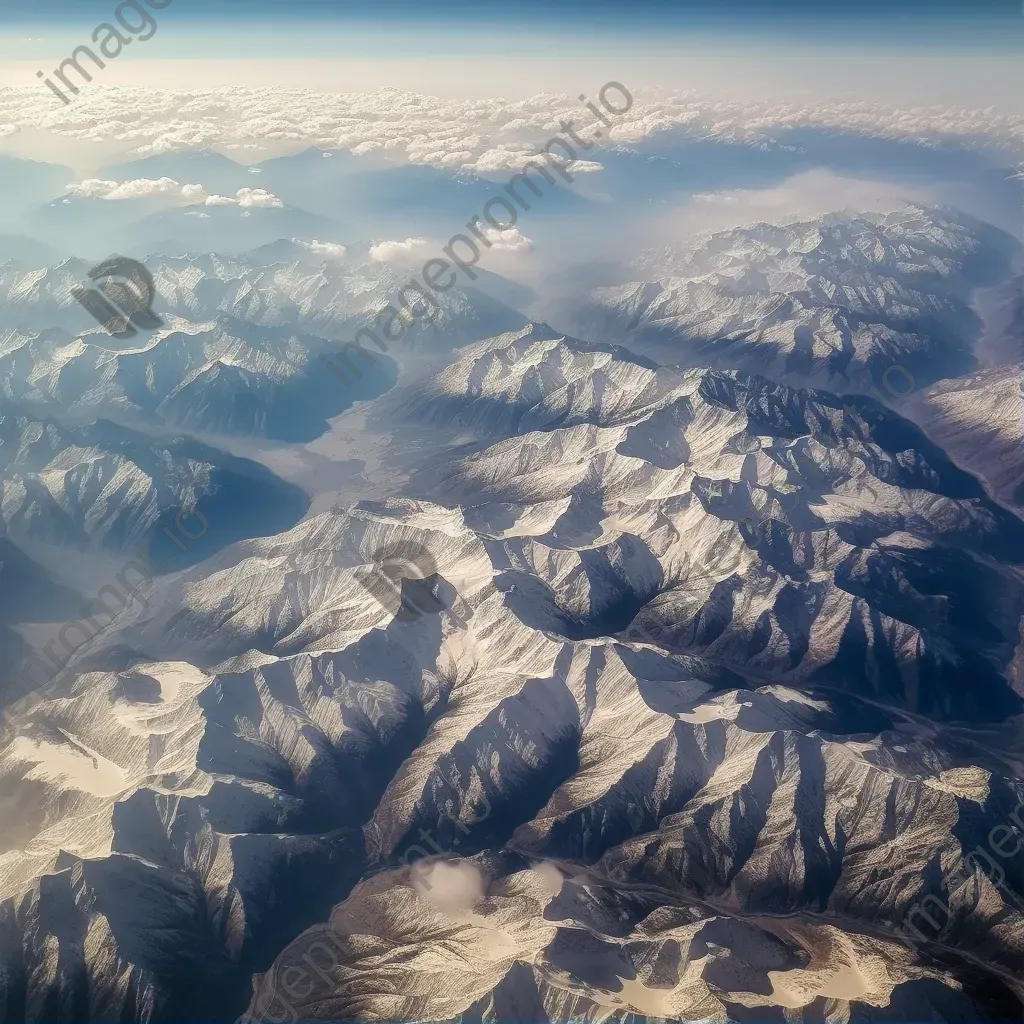 Snow-covered mountains seen from airplane window in winter - Image 1