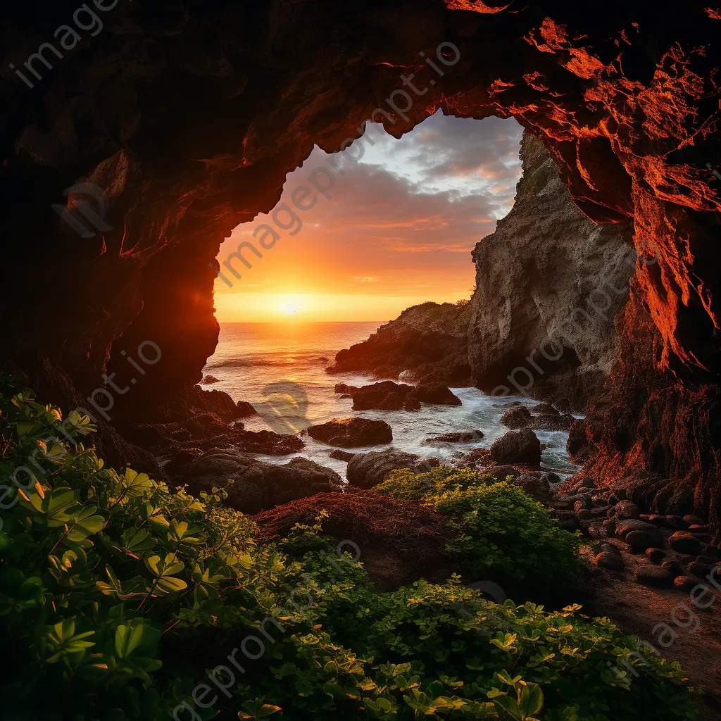 Cave entrance with rugged rocks and sunset backdrop - Image 1