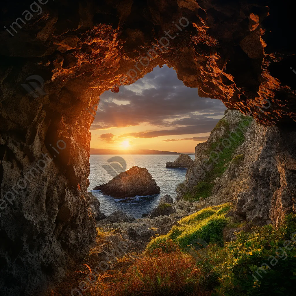 Cave entrance with rugged rocks and sunset backdrop - Image 3