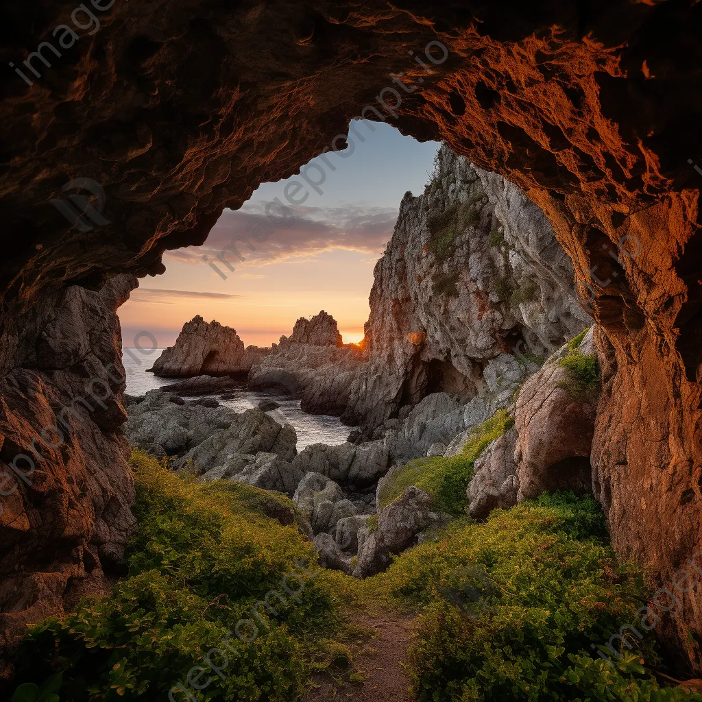 Cave entrance with rugged rocks and sunset backdrop - Image 4