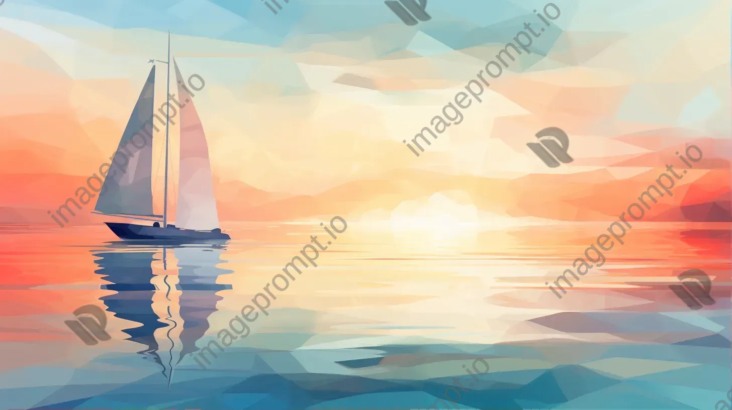 Pastel low poly sailboat floating in ocean at sunset, Impressionism inspired - Image 1