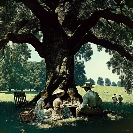 Image of a family picnic under giant oak tree - Image 1