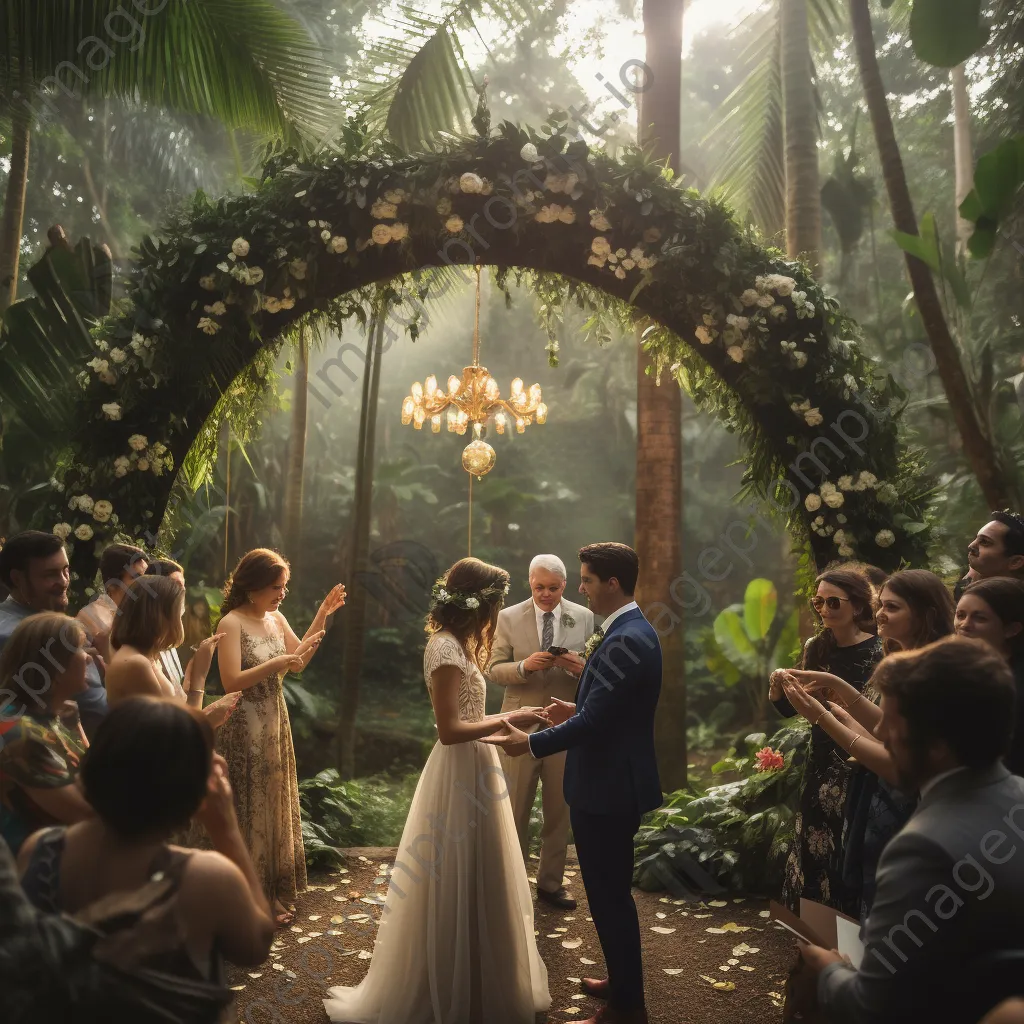 Couple under floral arch exchanging rings - Image 2