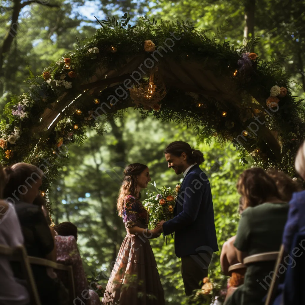 Couple under floral arch exchanging rings - Image 3