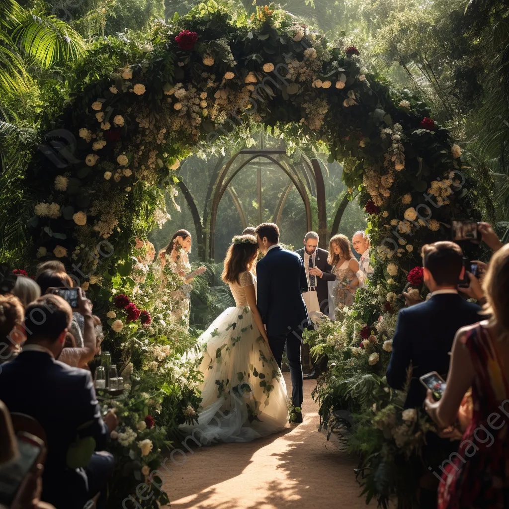 Couple under floral arch exchanging rings - Image 4