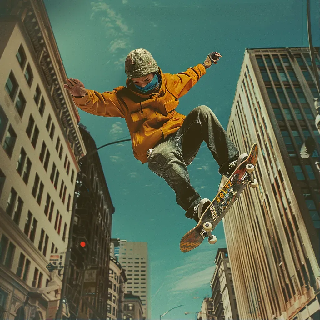 Skateboarder executing a trick jump on a city street. - Image 1