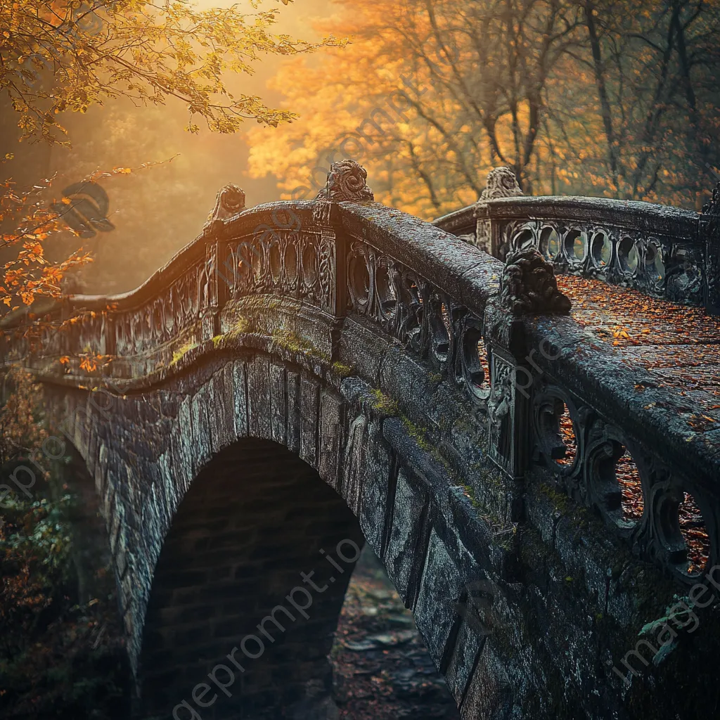 Ancient stone bridge with carvings in autumn sun - Image 1