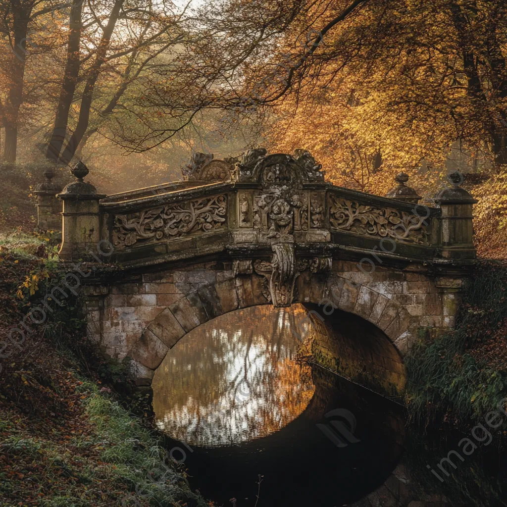 Ancient stone bridge with carvings in autumn sun - Image 2