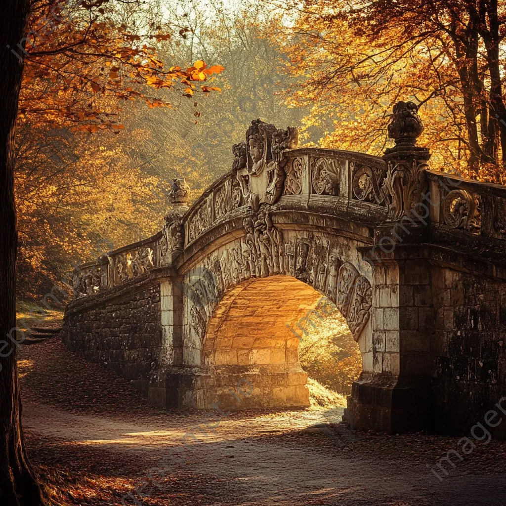 Ancient stone bridge with carvings in autumn sun - Image 3