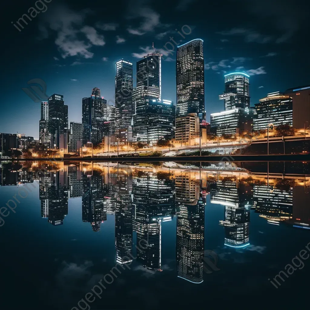 Symmetrical urban skyline reflection in river - Image 1