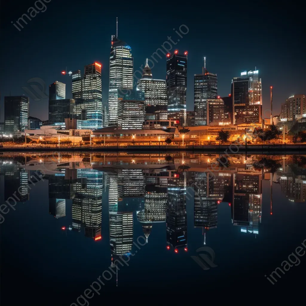 Symmetrical urban skyline reflection in river - Image 4