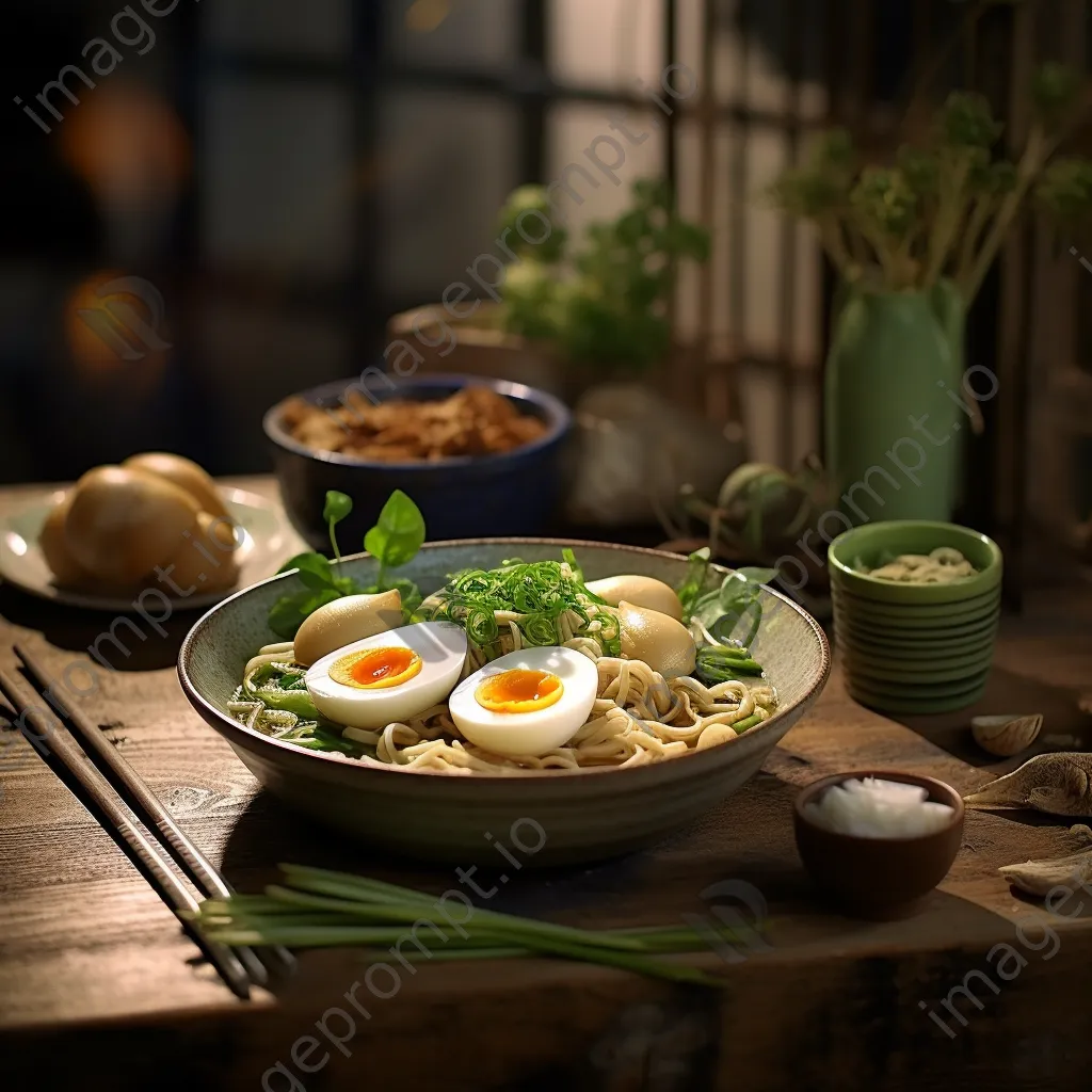 Bowl of gourmet ramen with soft-boiled egg and toppings - Image 1