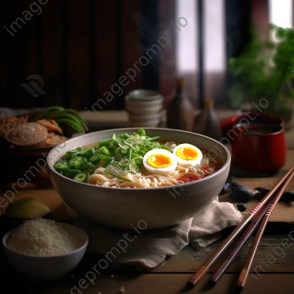 Bowl of gourmet ramen with soft-boiled egg and toppings - Image 2