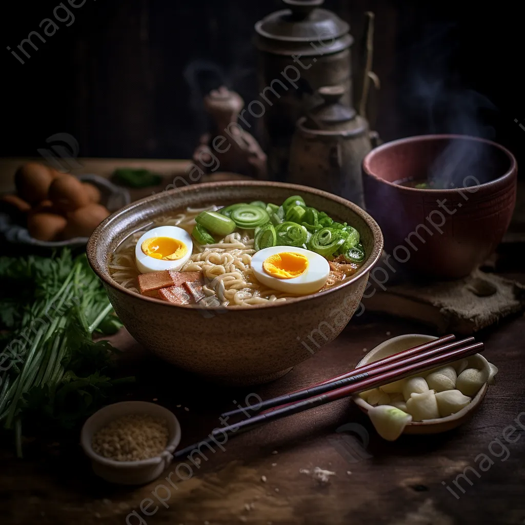 Bowl of gourmet ramen with soft-boiled egg and toppings - Image 3