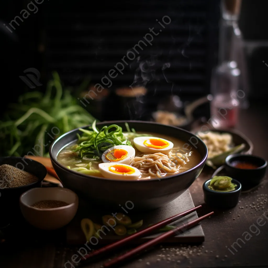 Bowl of gourmet ramen with soft-boiled egg and toppings - Image 4