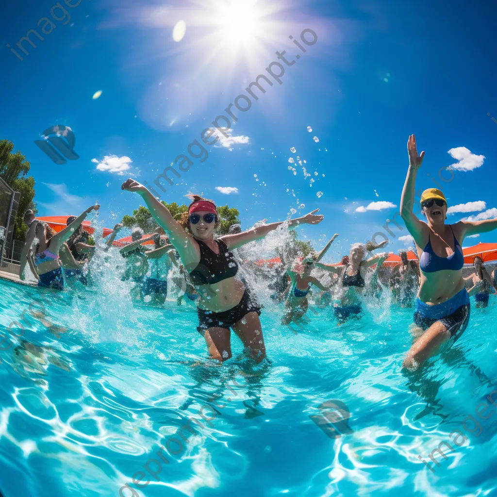 Participants participating in an aqua aerobics class in a sunny pool setting. - Image 1