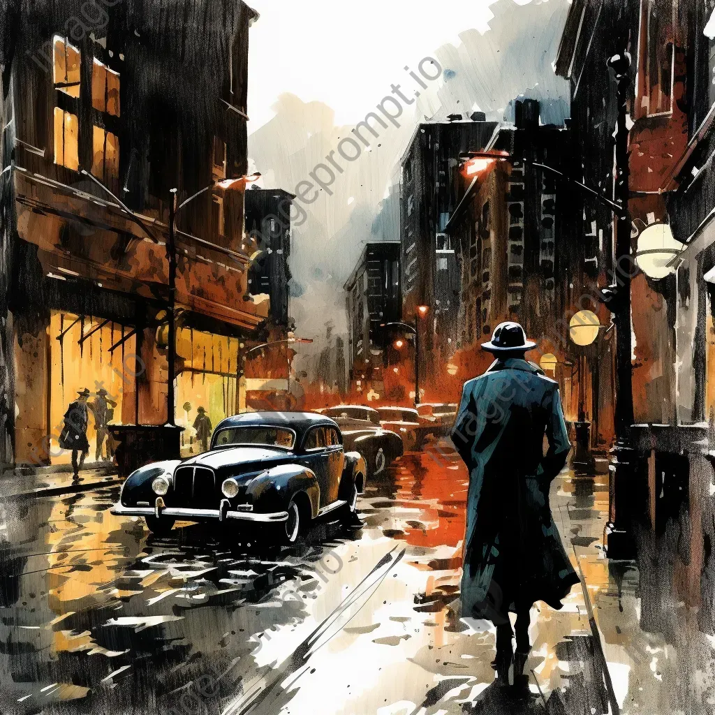 1940s comic scene of a detective in a rainy city infused with film noir elements - Image 1