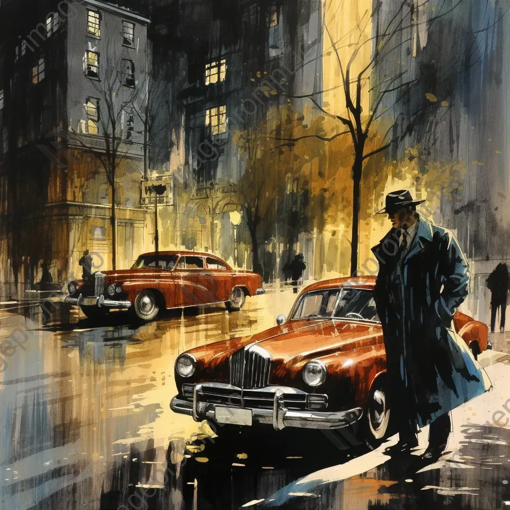 1940s comic scene of a detective in a rainy city infused with film noir elements - Image 2